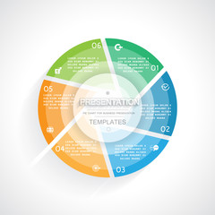 Pie chart or template for presentation, six steps or processes