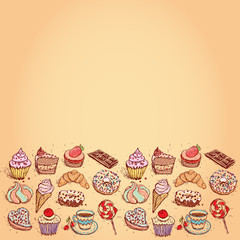 Card Hand drawn confectionery set croissant Cupcake candy marshmallow ice cream cake donut and coffee. vector