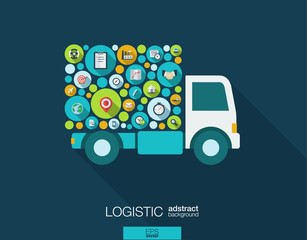 Color circles, flat icons in a truck shape for distribution, delivery, service, shipping, logistic, transport, market concepts. Abstract background with connected objects. Vector illustration.