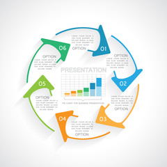 Pie chart with arrows, 6 options of process