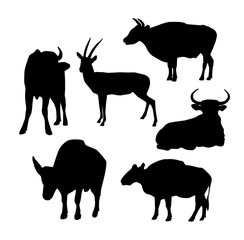 Cow, bull and deer black silhouette on white background. vector