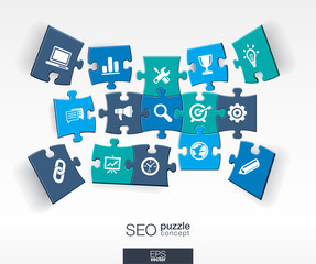 Abstract SEO background with connected color puzzles, integrated flat icons. 3d infographic concept with network, digital, analytics, data and market pieces in perspective. Vector illustration