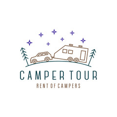Fototapeta premium Camper tour Vehicle with trailer car house, modern linear vector illustration logo