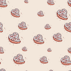 Cake in the shape of heart Hand drawn sketch on pink background. seamless pattern vector