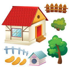 Set Of House Trees And Fence