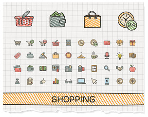 Shopping hand drawing line icons. Vector doodle pictogram set. color pen sketch sign illustration on paper with hatch symbols, credit, purchase, service, card, calculator, internet, bank, terminal