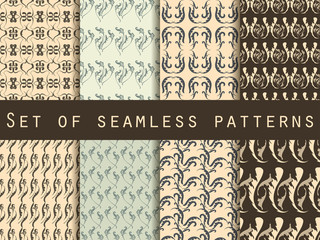 Seamless patterns with plants and flowers. Set of seamless nature patterns.