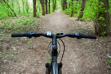 Mountain biking down hill descending fast on bicycle.
