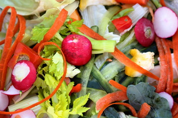 Fresh vegetable scraps left over from preparing a salad. Will they go to waste or will they be put to valuable use by feeding to pigs or chickens?