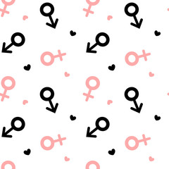 black white pink seamless vector pattern background illustration with male and female gender symbols