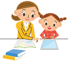 タブレットで学習する子供