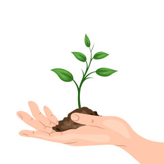 A man's hand holding a sprout with a handful of ground. Environmental protection, ecology concept illustration in flat style. Earth Day or World Environment Day.