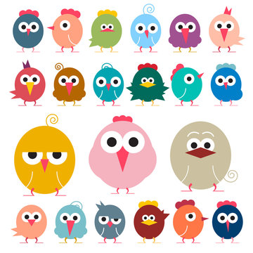 Chicken - Flat Design Vector Funky Chicks Illustration Isolated on White Background - Simple Birds Icons