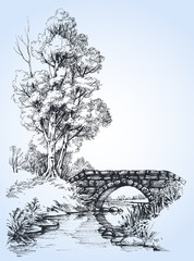 Park sketch, a stone bridge over river in the forest - 108944509