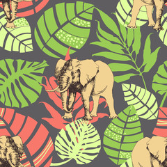 Nature pattern, exotic jungle leaves and elephant