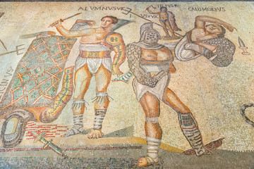Beautiful ancient Roman floor mosaic depicting gladiators. Rome. Italy. Europe.