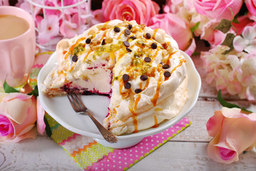 meringue cake with fresh maracuja and caramel