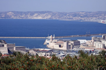 panoramic view of marseille with fort saint jean and fort saint nicolas