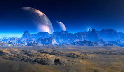 Naklejka premium double moon above Crater Landscape on alien Planet.