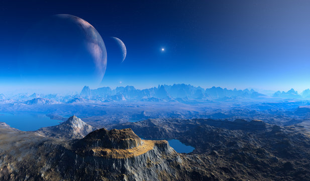 double moon above Crater Landscape on alien Planet.