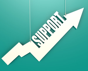 White arrow with support word hang on cyan background