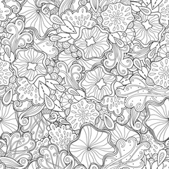 Doodle marine black and white abstract hand drawn background. Vector wavy seamless pattern.