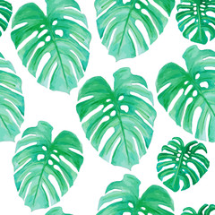 Fototapeta na wymiar Watercolor drawing, palm trees or green leaves (seamless pattern)