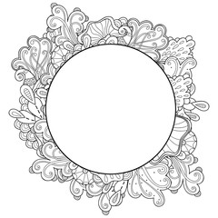 Obraz premium Doodle abstract marine round frame. Template abstract frame design for card. Decorative hand drawn vector element border.