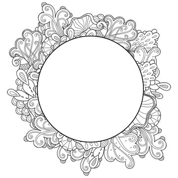 Doodle abstract marine round frame. Template abstract frame design for card. Decorative hand drawn vector element border.