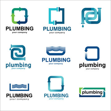 Flat logo design for plumbing company. Vector templates logos plumbing with text. Recommended for the logos of companies associated with sanitary ware, plumbing 
