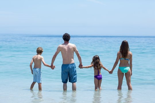 Family holding hands while standing in shallow water