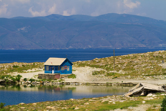 Small house of a life-saving station at the Sevan lake, Armenia.