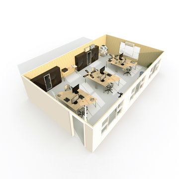 3d interior diagonal view rendering of furnished office