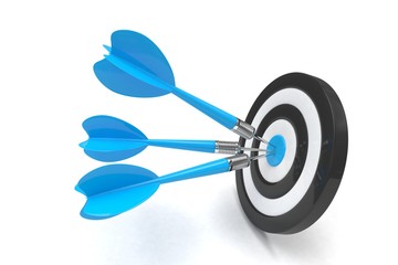 Three arrows darts in center. 3d rendering.