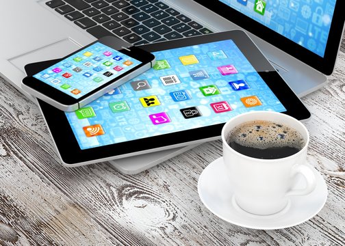 Laptop, phone, tablet pc and coffee. 3d rendering.