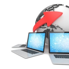 Laptop network around earth globe. 3d render