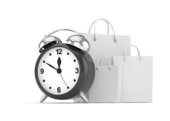 alarm clock and shopping bag (time to buy concept). 3d rendering.