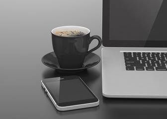 Obraz na płótnie Canvas Laptop smartphone and coffee cup on black. 3d rendering.