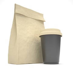 Coffee to go and lunch bag, on white. 3d rendering.