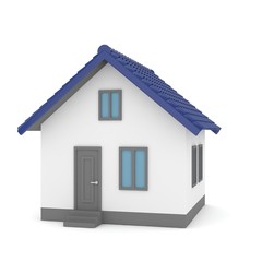 Fototapeta na wymiar Isolated home with blue roof on white. 3D rendering.
