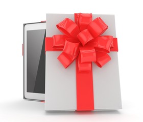 Tablet in white gift box with red bow and ribbons on white. 3D rendering.
