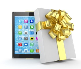 Tablet in white gift box with golden bow and ribbons on white. 3D rendering.