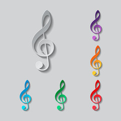 Simple icon of treble key set. paper design with colored objects