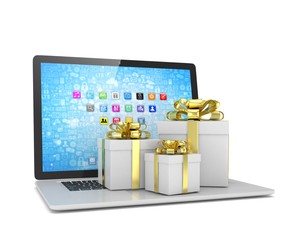 Gift box with ribbon bow on laptop keyboard. 3d rendering.