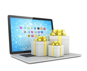 Gift box with ribbon bow on laptop keyboard. 3d rendering.