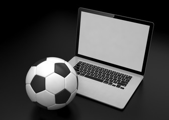 laptop and soccer football ball. on line soccer betting concept. 3d rendering.