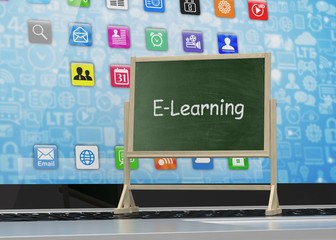 Laptop with chalkboard, e-learning, online education concept. 3d rendering.