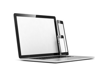 laptop, tablet, phone, on white. 3d rendering.