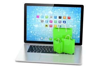 laptop and  shopping pags on white background. 3d rendering.