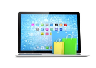 laptop and  shopping pags on white background. 3d rendering.